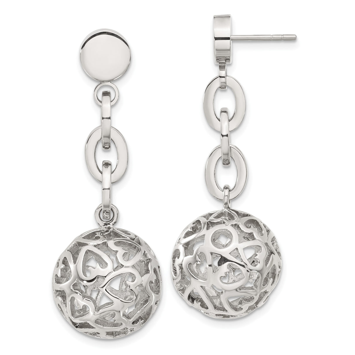 Stainless Steel Drop Earrings with Openwork Spheres and Heart Cutouts for Women