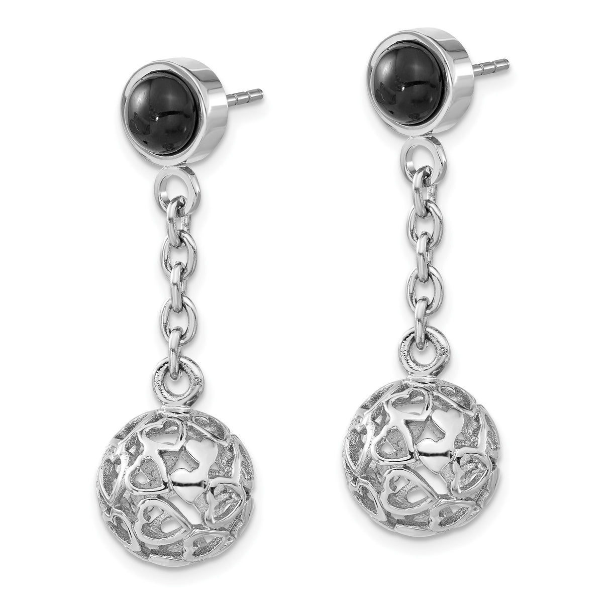 Stainless Steel Drop Earrings with Onyx Accents, Openwork Heart Spheres, Romantic Dangle Design