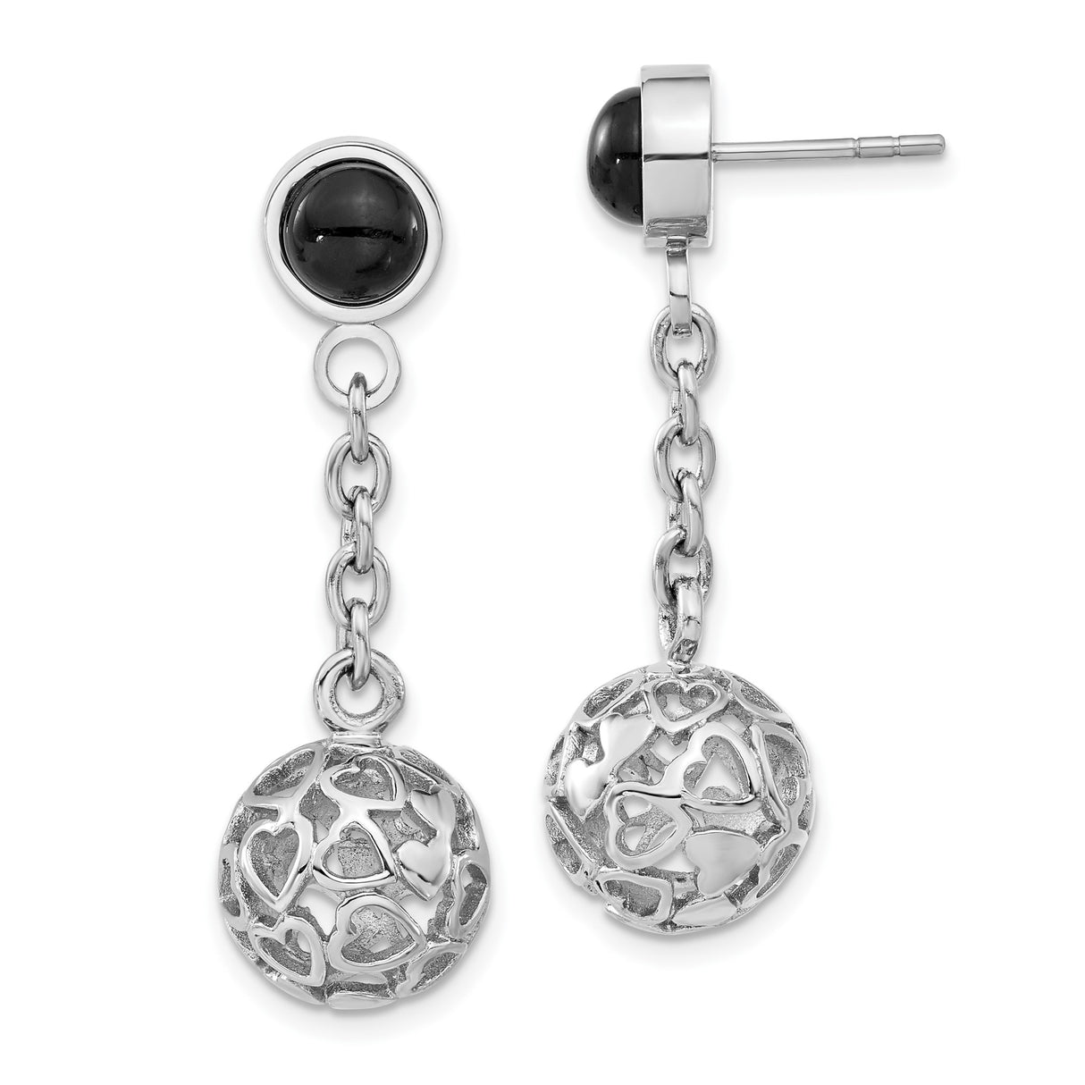 Stainless Steel Drop Earrings with Onyx Accents, Openwork Heart Spheres, Romantic Dangle Design