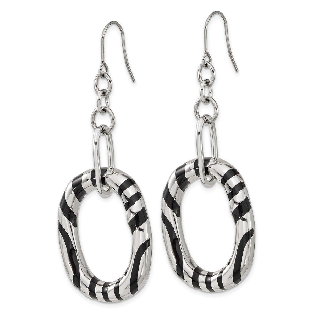 Stainless Steel Dangle Earrings with Twisted Oval Hoops and Black Enamel Stripe