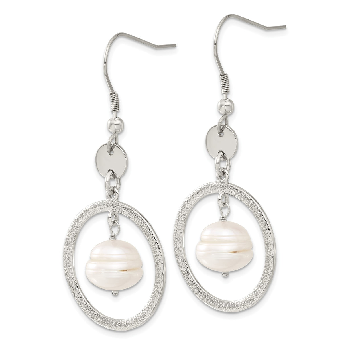 Stainless Steel Dangle Earrings with Pearl, Textured Open Circle, Lightweight Nickel Free Design