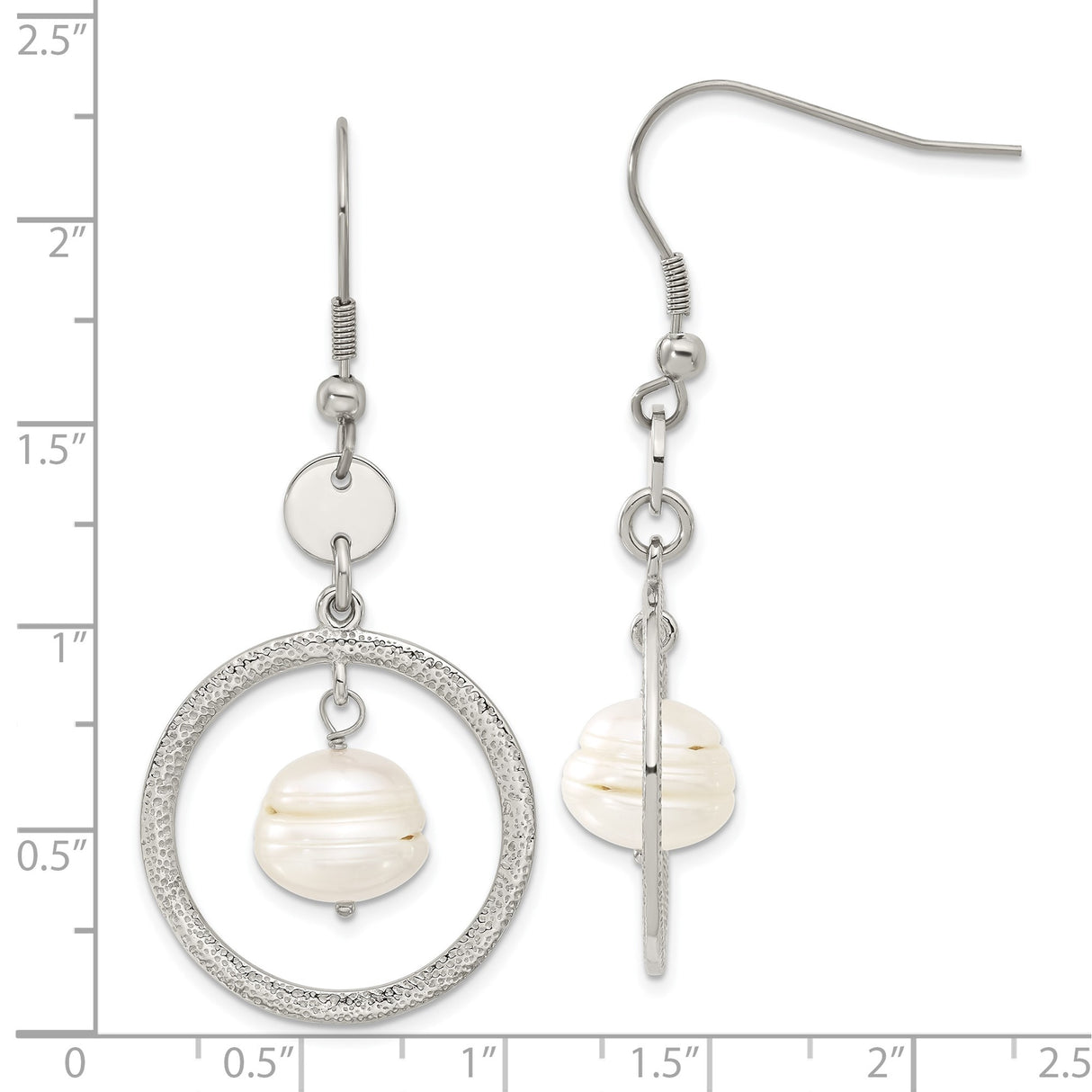 Stainless Steel Dangle Earrings with Pearl, Textured Open Circle, Lightweight Nickel Free Design