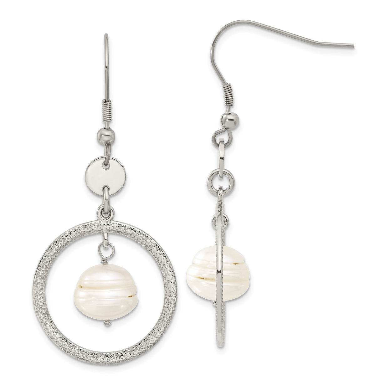 Stainless Steel Dangle Earrings with Pearl, Textured Open Circle, Lightweight Nickel Free Design
