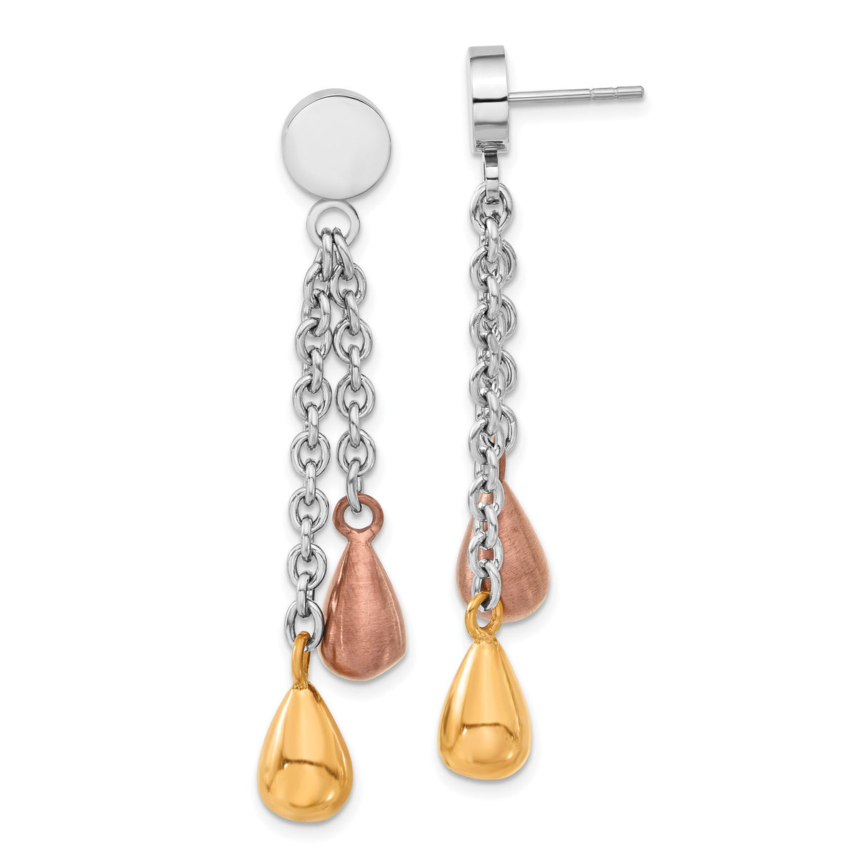 Stainless Steel Dangle Earrings with Dual Chain and Tri-Tone Teardrop Charms for Women