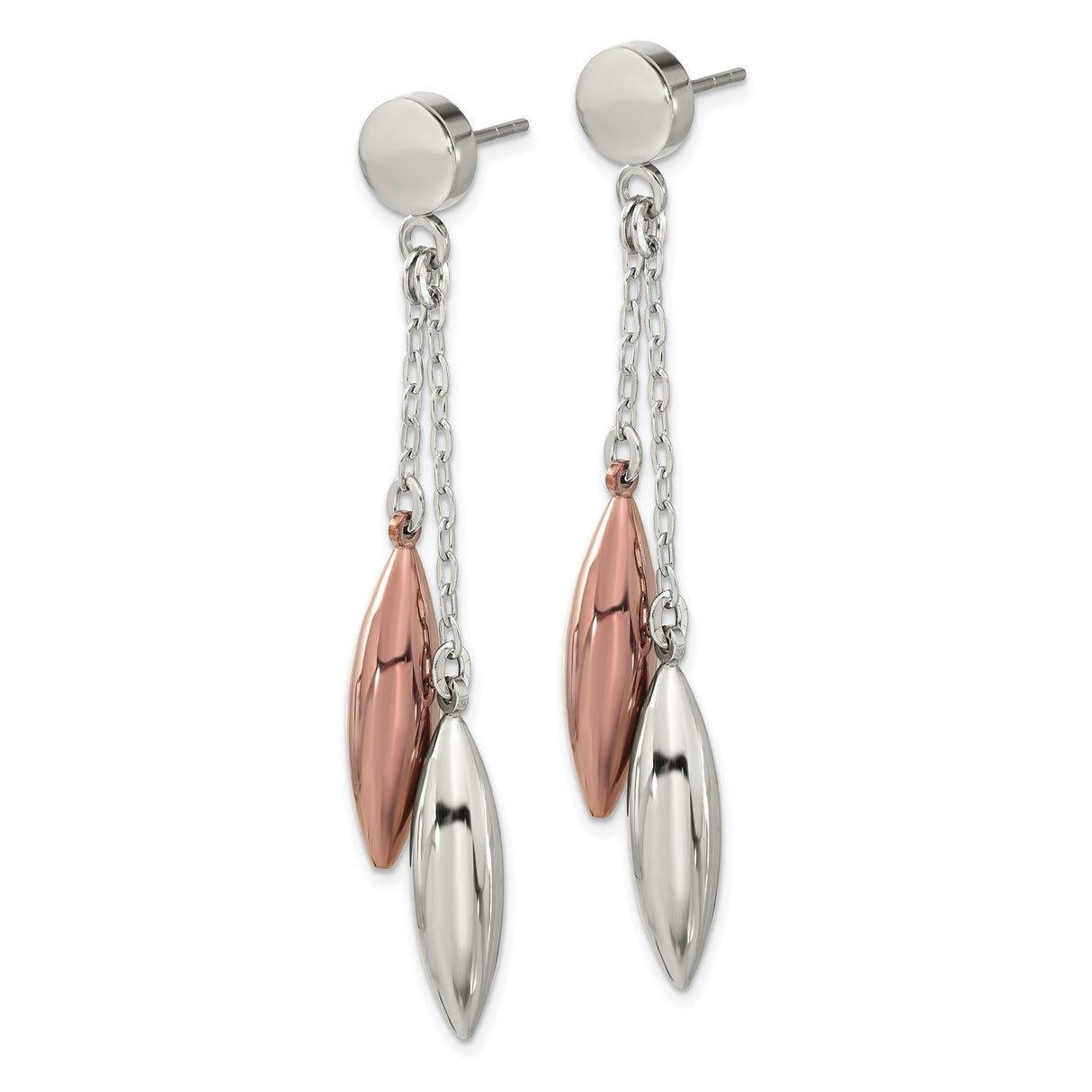 Stainless Steel Dangle Earrings, Dual Tone Marquise Drop with Long Chain Links, Boho Chic Style