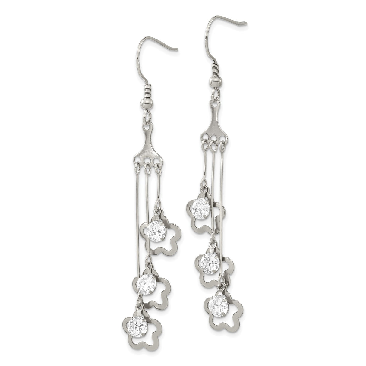 Stainless Steel Dangle Earrings with Cubic Zirconia, Asymmetrical Floral Drop Design