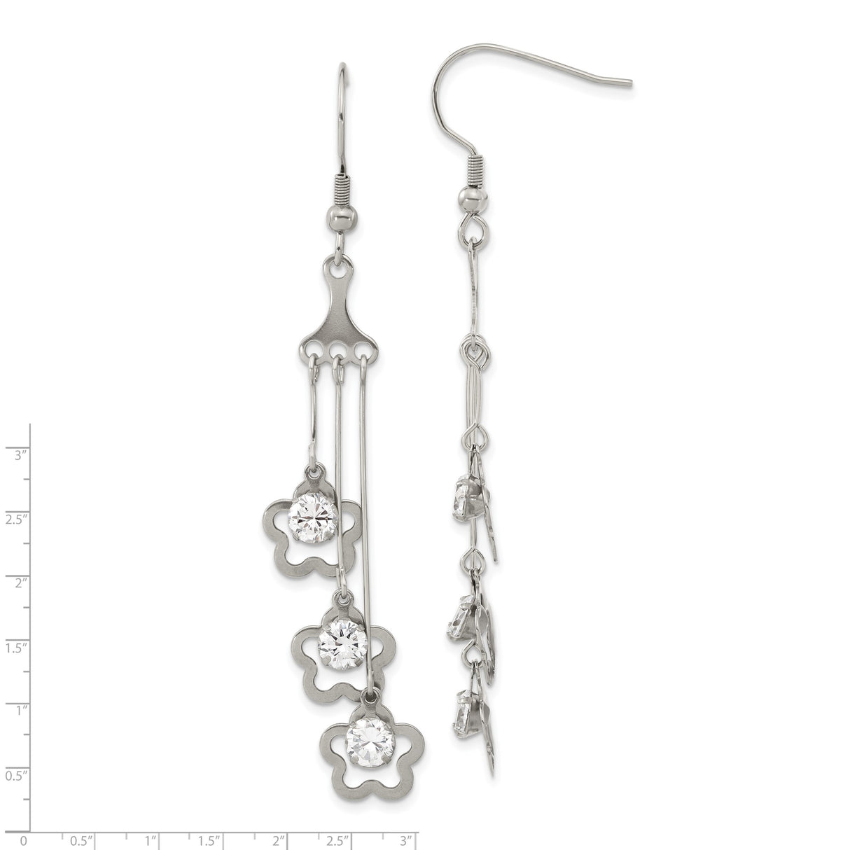 Stainless Steel Dangle Earrings with Cubic Zirconia, Asymmetrical Floral Drop Design