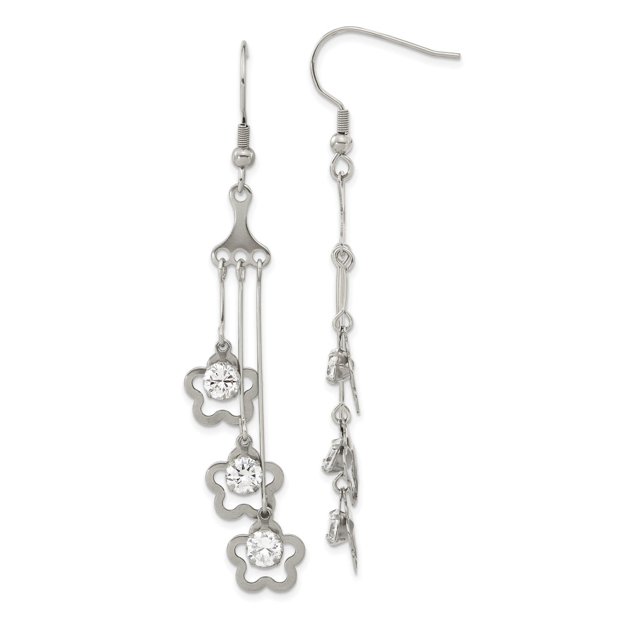 Stainless Steel Dangle Earrings with Cubic Zirconia, Asymmetrical Floral Drop Design