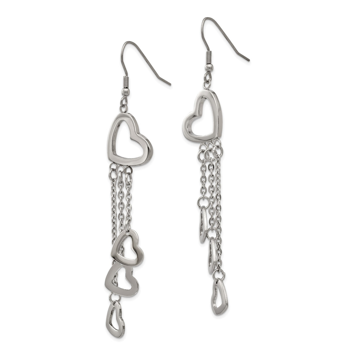 Stainless Steel Dangle Earrings with Cascading Chains and Open Heart Charms