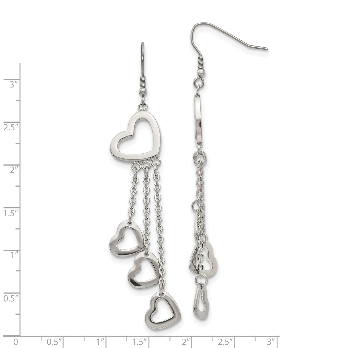 Stainless Steel Dangle Earrings with Cascading Chains and Open Heart Charms