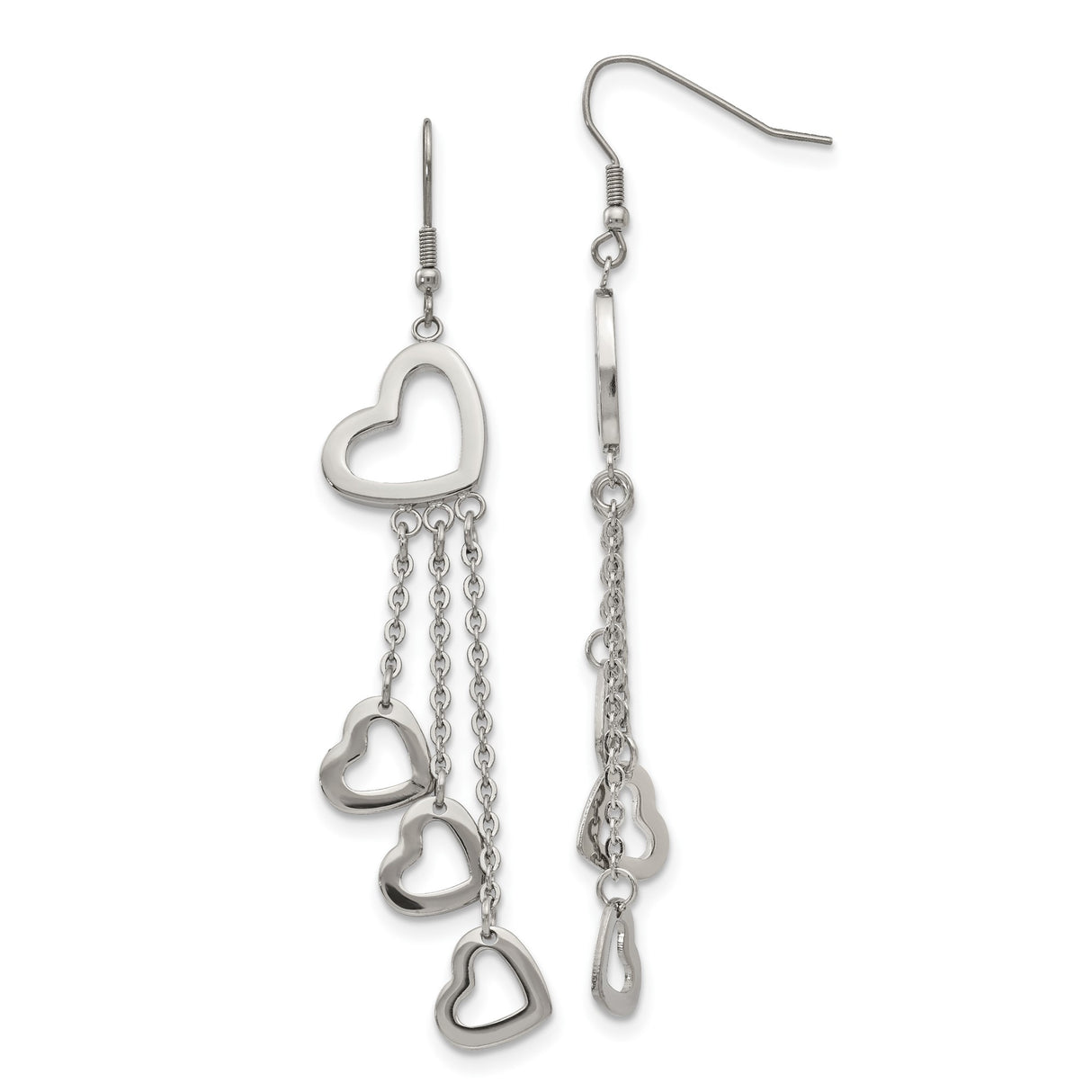 Stainless Steel Dangle Earrings with Cascading Chains and Open Heart Charms