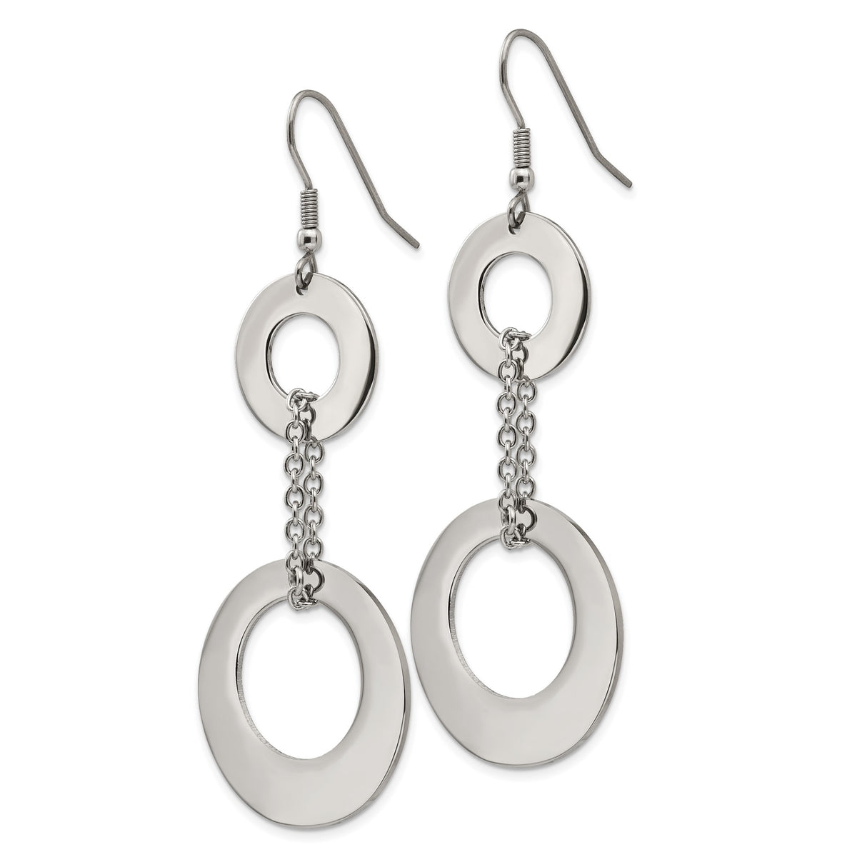 Stainless Steel Dangle Earrings with Linked Open Circle Discs, Geometric Minimalist Design