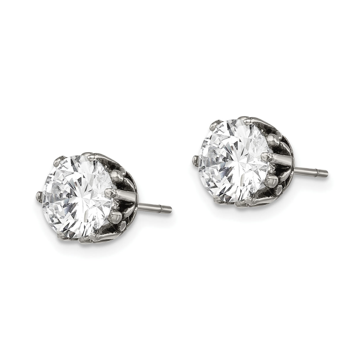 Stainless Steel Stud Earrings with Cubic Zirconia in Vintage Crown Setting