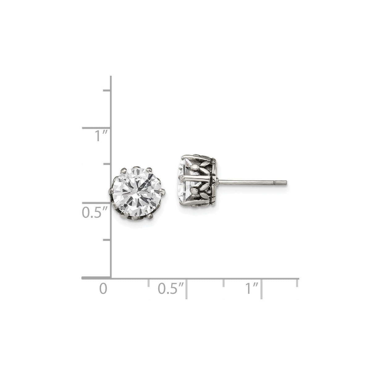 Stainless Steel Stud Earrings with Cubic Zirconia in Vintage Crown Setting