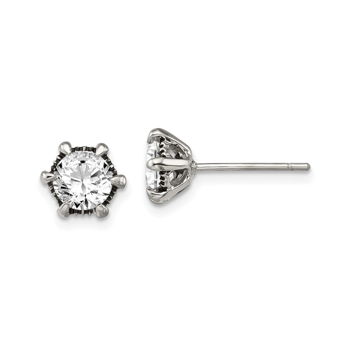 316 Stainless Steel Stud Earrings with Round Cubic Zirconia, Six Prong Setting, Minimalist Style