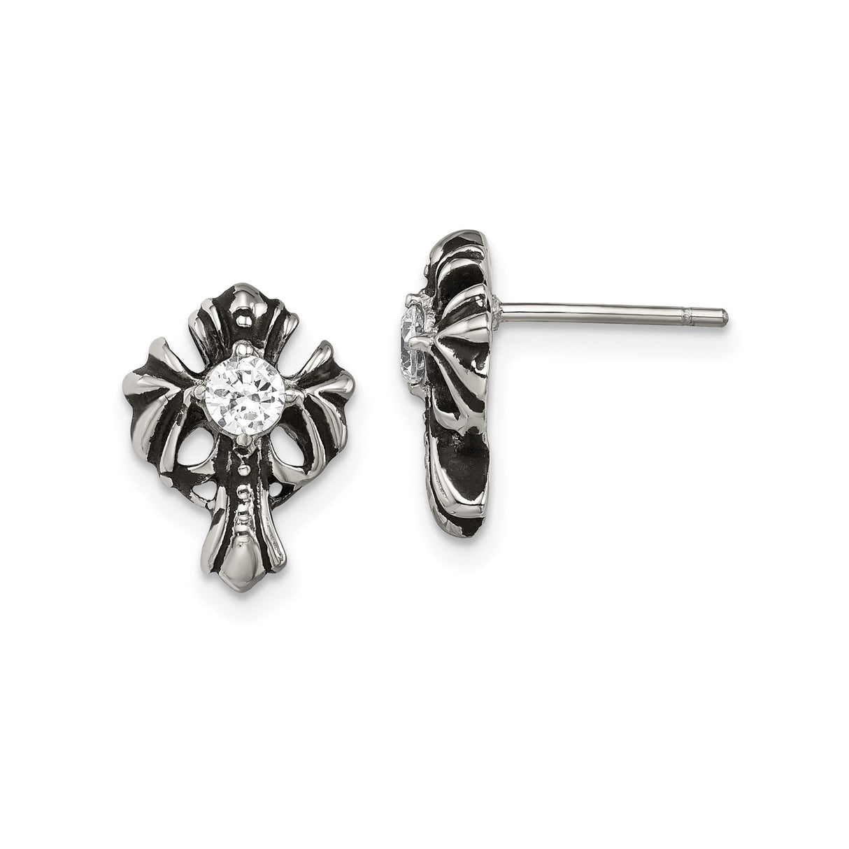 Stainless Steel Gothic Cross Earrings with Cubic Zirconia and Blackened Finish