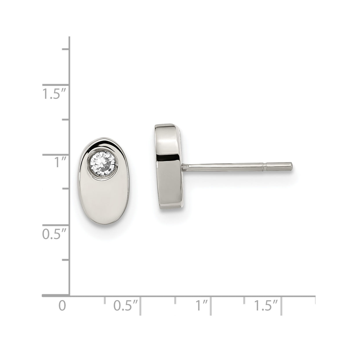 Stainless Steel Stud Earrings with Cubic Zirconia, Oval Bezel Set, Minimalist Modern Design