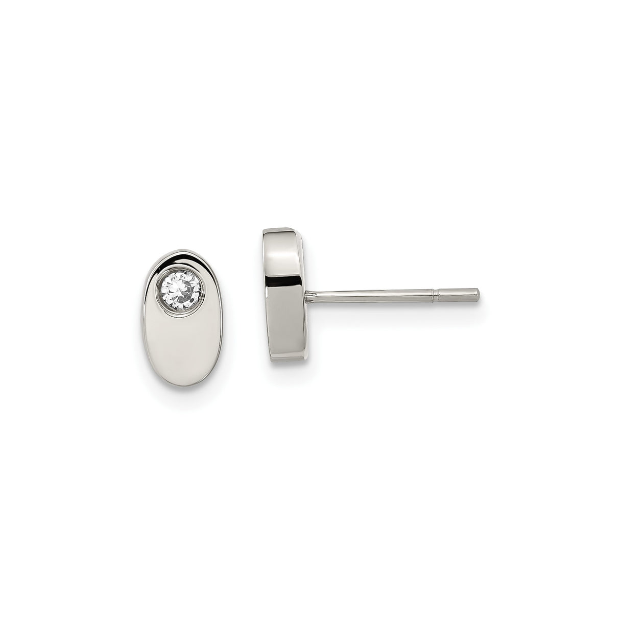 Stainless Steel Stud Earrings with Cubic Zirconia, Oval Bezel Set, Minimalist Modern Design