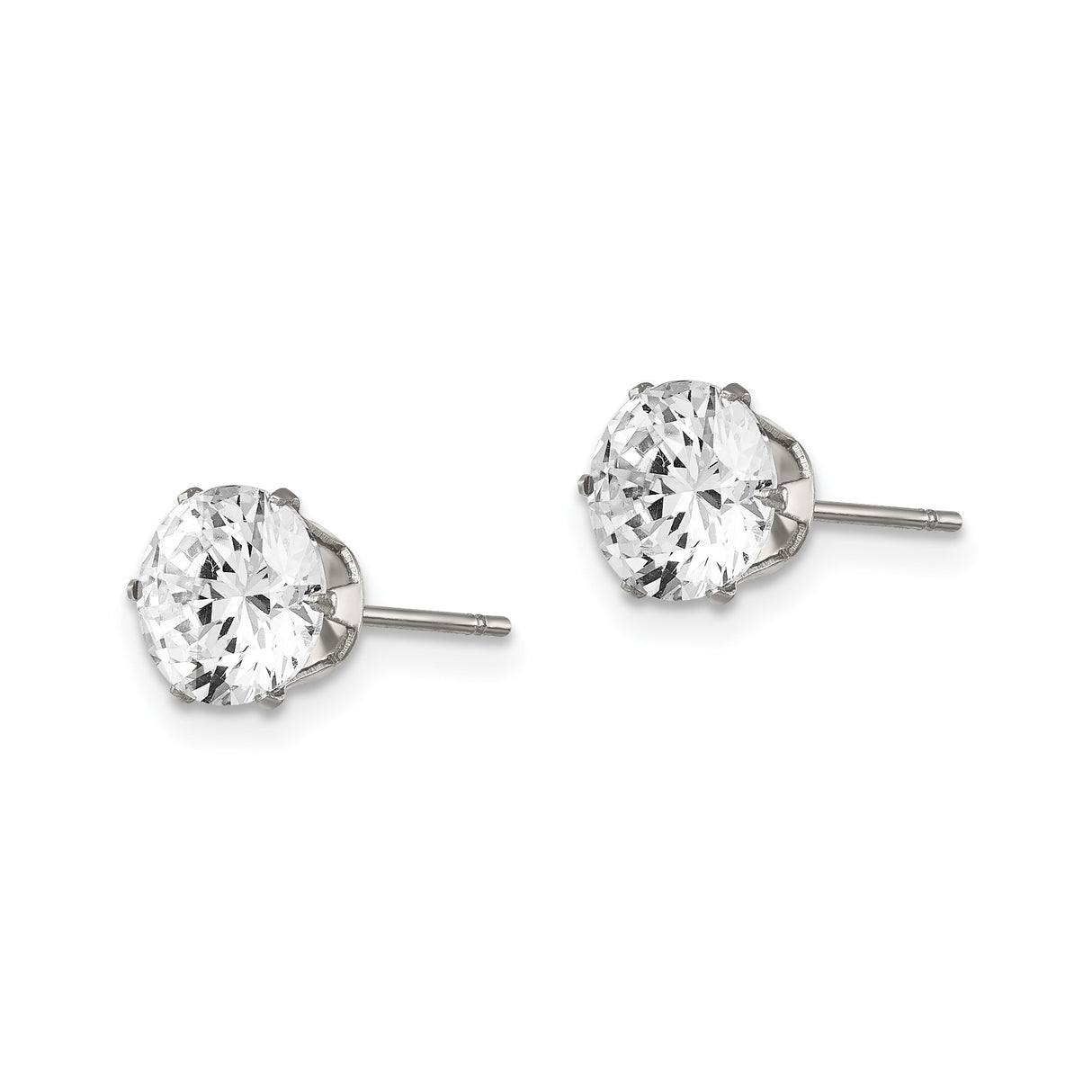 Stainless Steel Stud Earrings with Clear Cubic Zirconia, Six Prong Setting, Minimalist Style