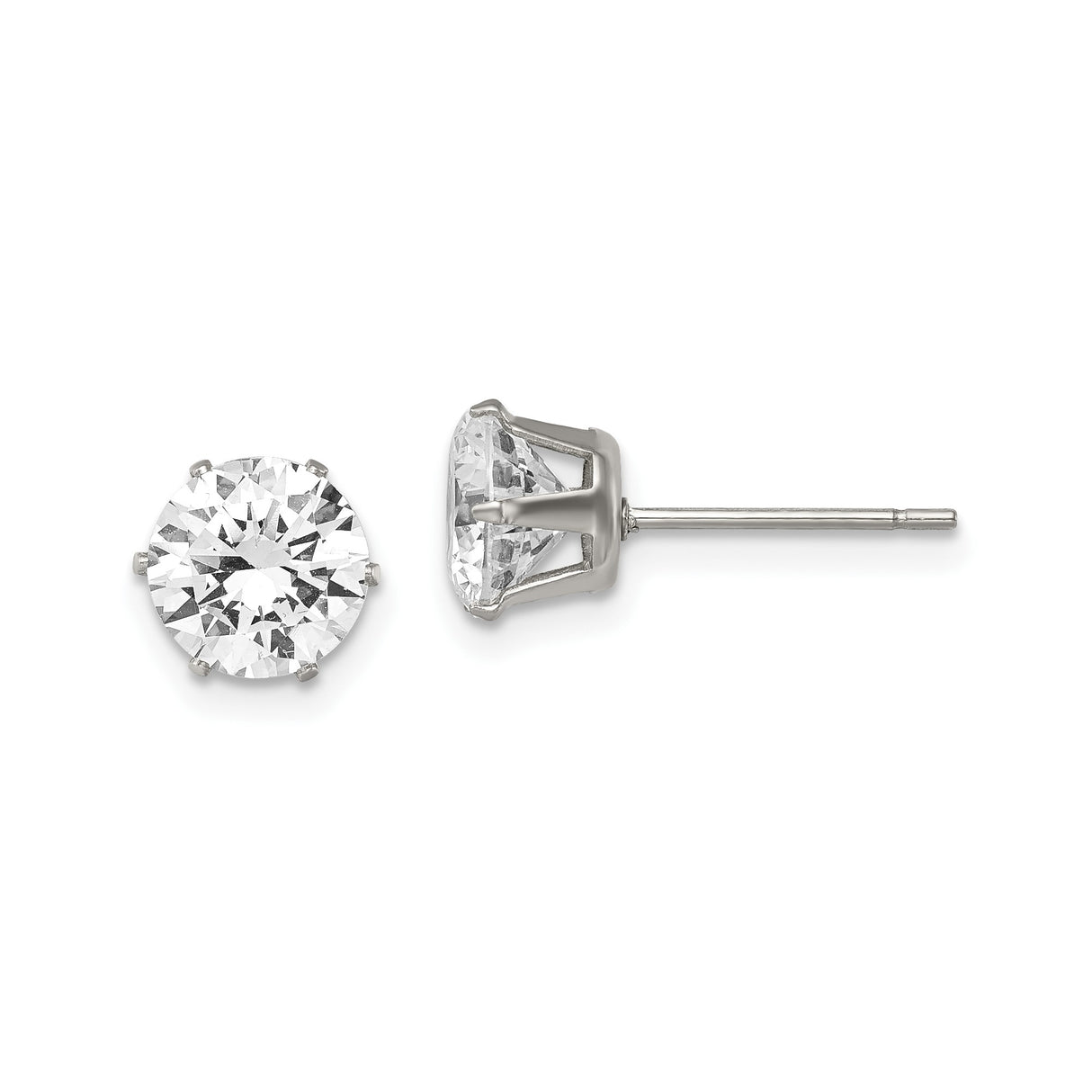 Stainless Steel Stud Earrings with Clear Cubic Zirconia, Six Prong Setting, Minimalist Style