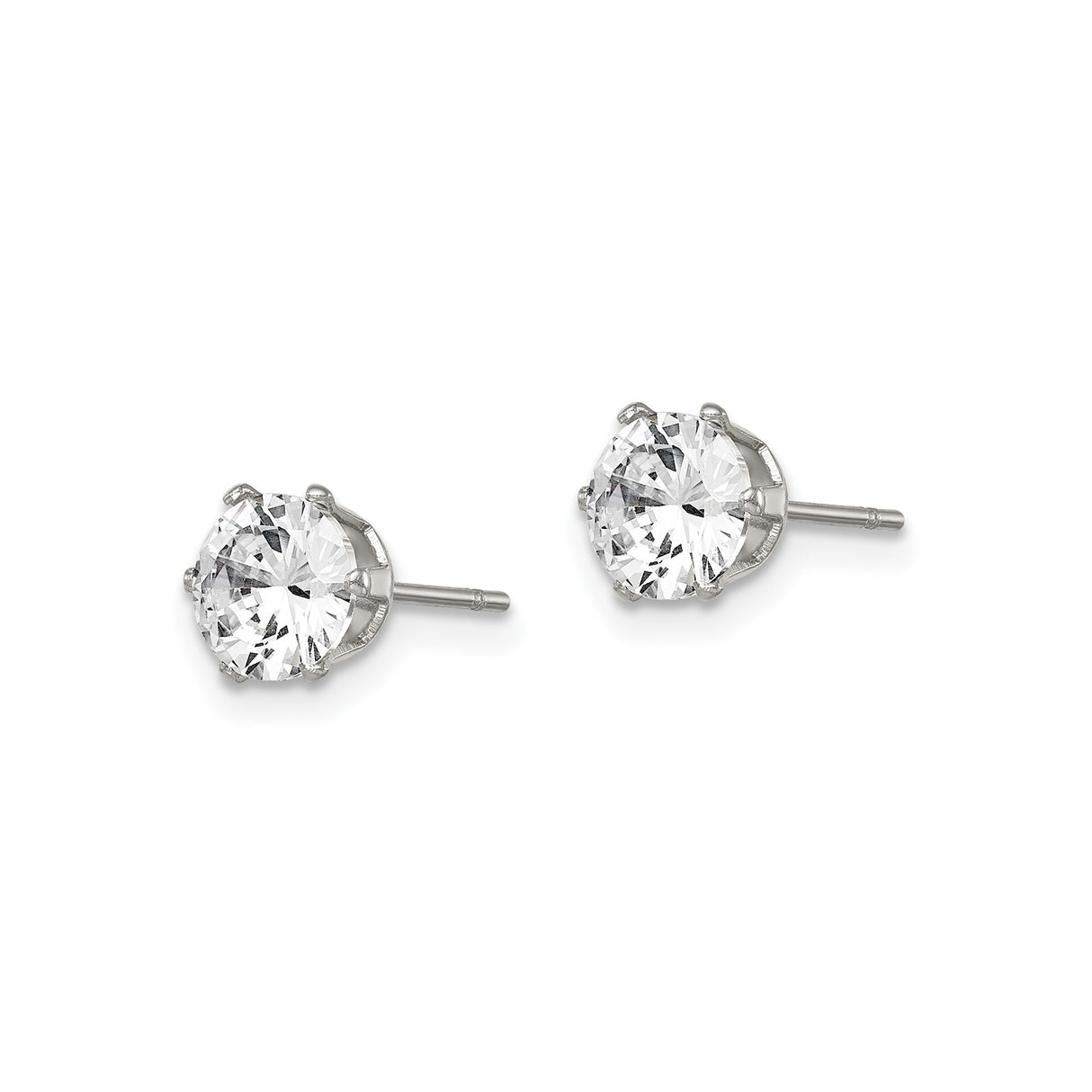 Stainless Steel Stud Earrings with Cubic Zirconia, Six Prong Solitaire Design