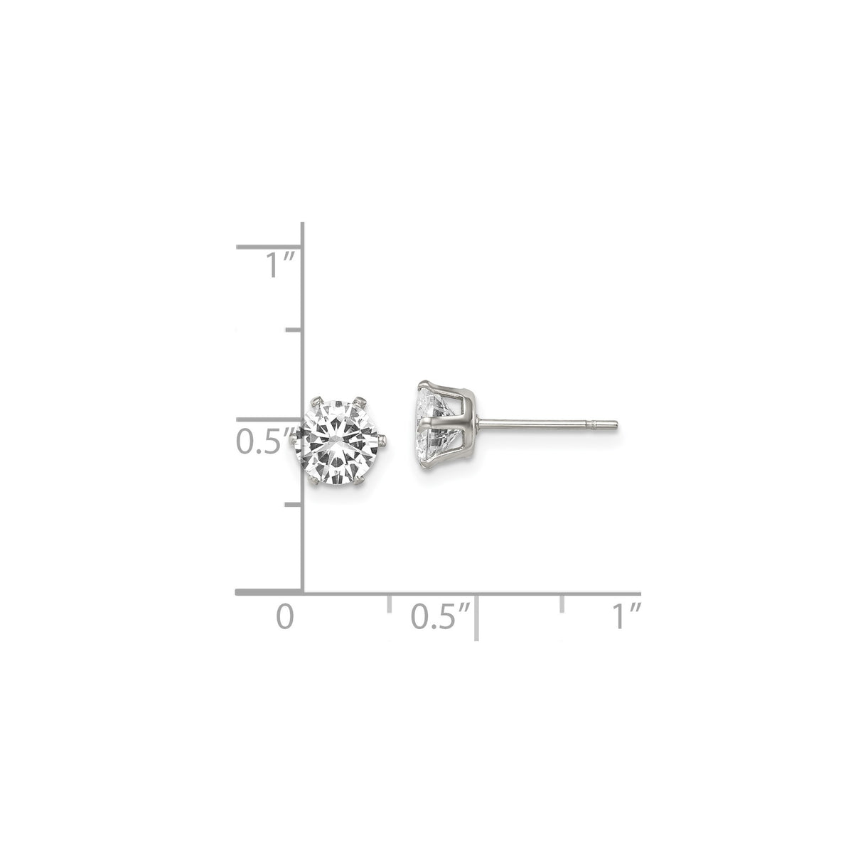 Stainless Steel Stud Earrings with Cubic Zirconia, Six Prong Solitaire Design