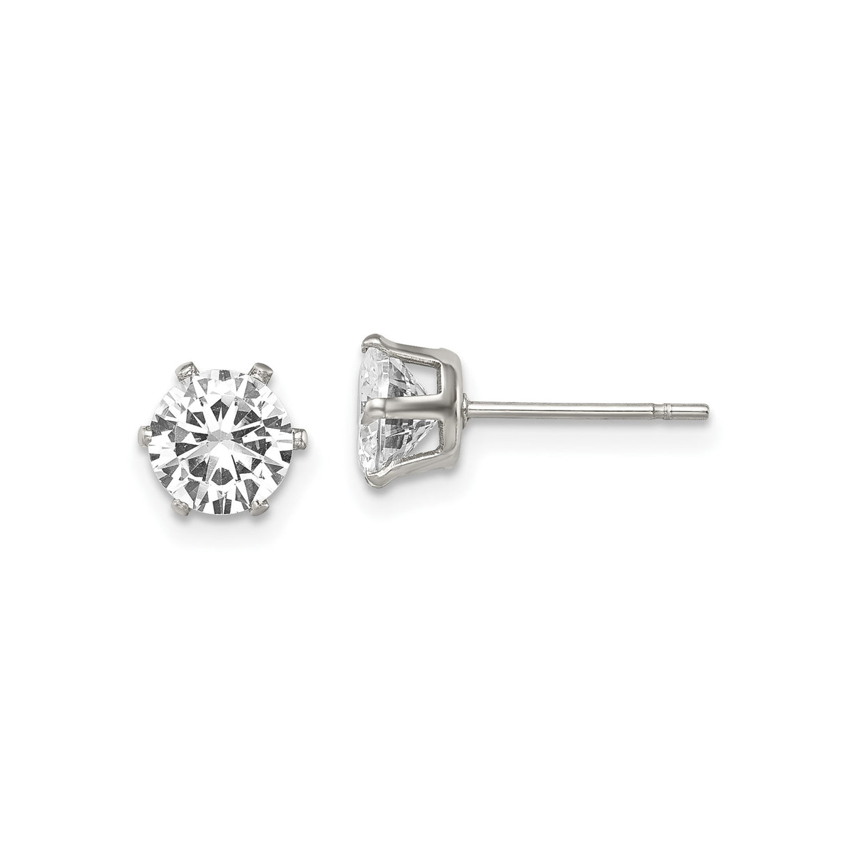 Stainless Steel Stud Earrings with Cubic Zirconia, Six Prong Solitaire Design