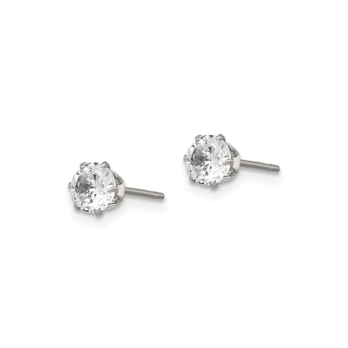 Stainless Steel Stud Earrings with Round Cut Cubic Zirconia, Classic 6-Prong Setting