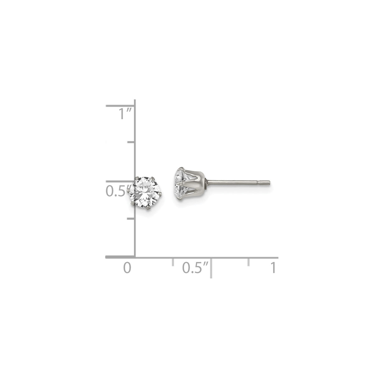 Stainless Steel Stud Earrings with Round Cut Cubic Zirconia, Classic 6-Prong Setting