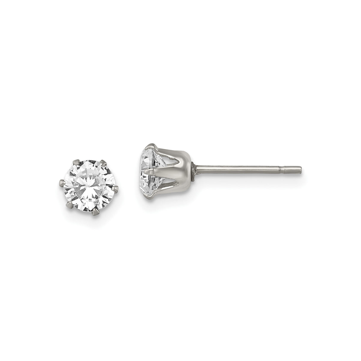 Stainless Steel Stud Earrings with Round Cut Cubic Zirconia, Classic 6-Prong Setting