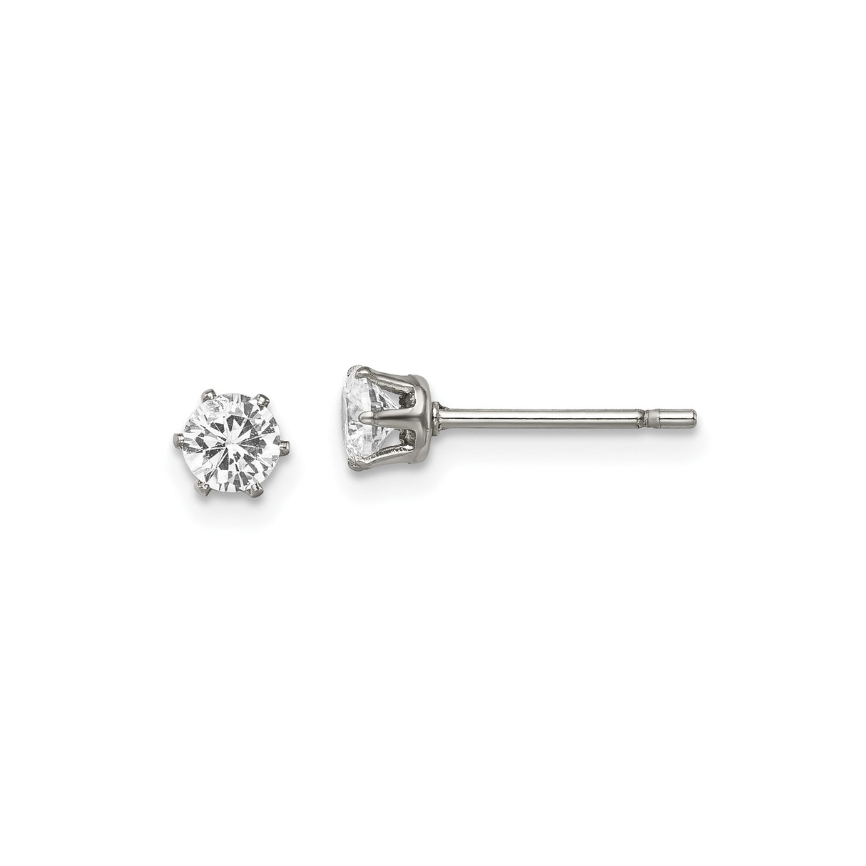 Stainless Steel Stud Earrings with Cubic Zirconia, Six Prong Minimalist Design