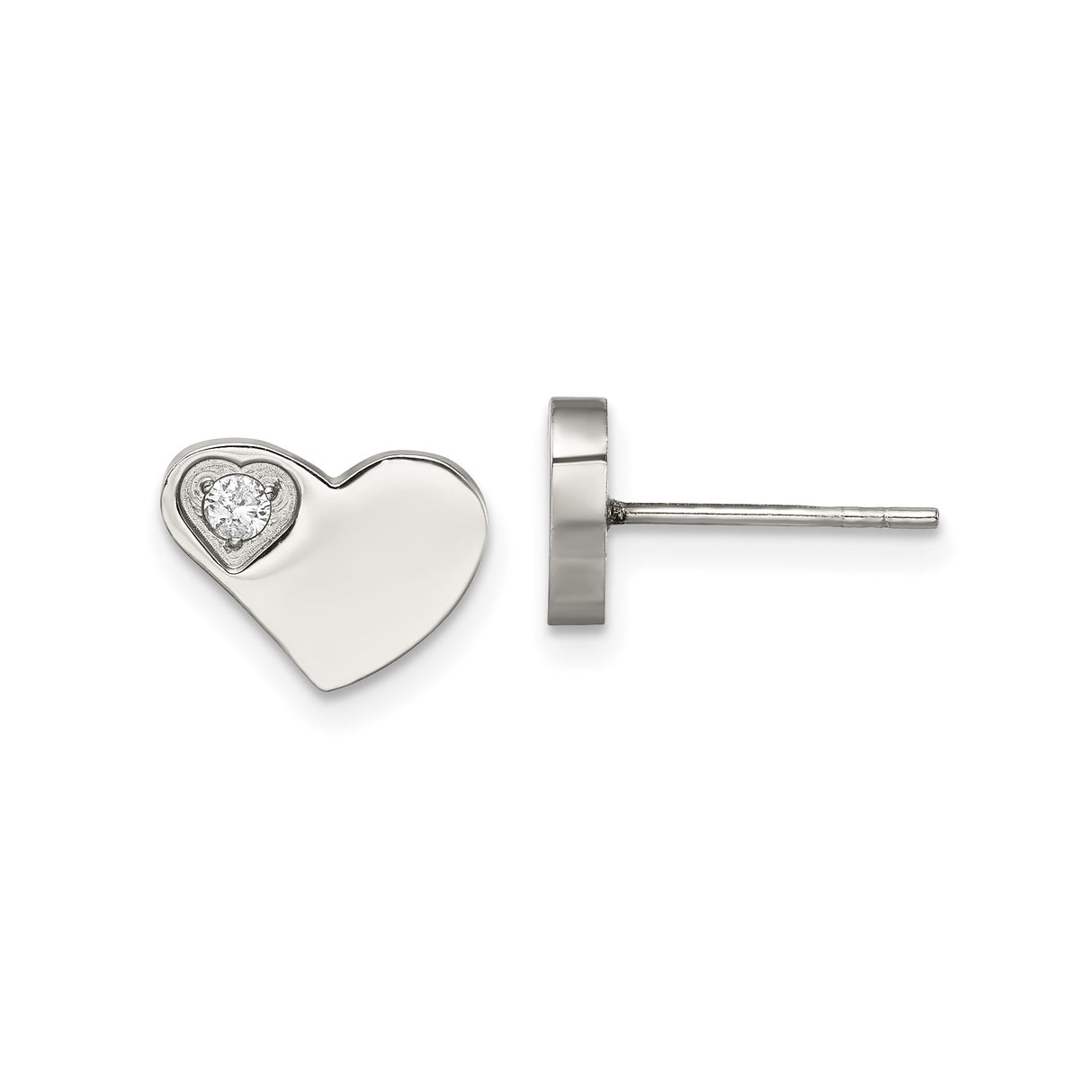 Stainless Steel Heart Stud Earrings with Cubic Zirconia, Hypoallergenic Jewelry for Women