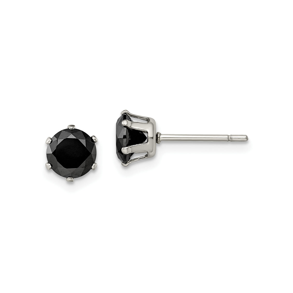 Stainless Steel Stud Earrings with Black Cubic Zirconia, Prong Set, Unisex Minimalist Style