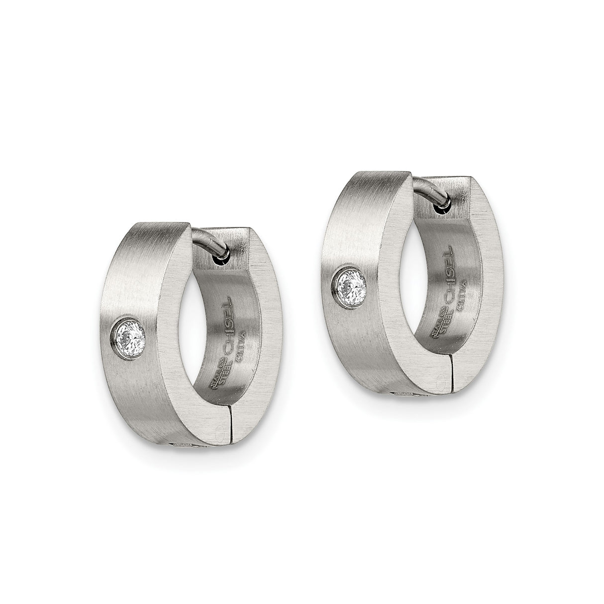 Stainless Steel Huggie Hoop Earrings with Cubic Zirconia, Brushed Finish, Minimalist Unisex Design