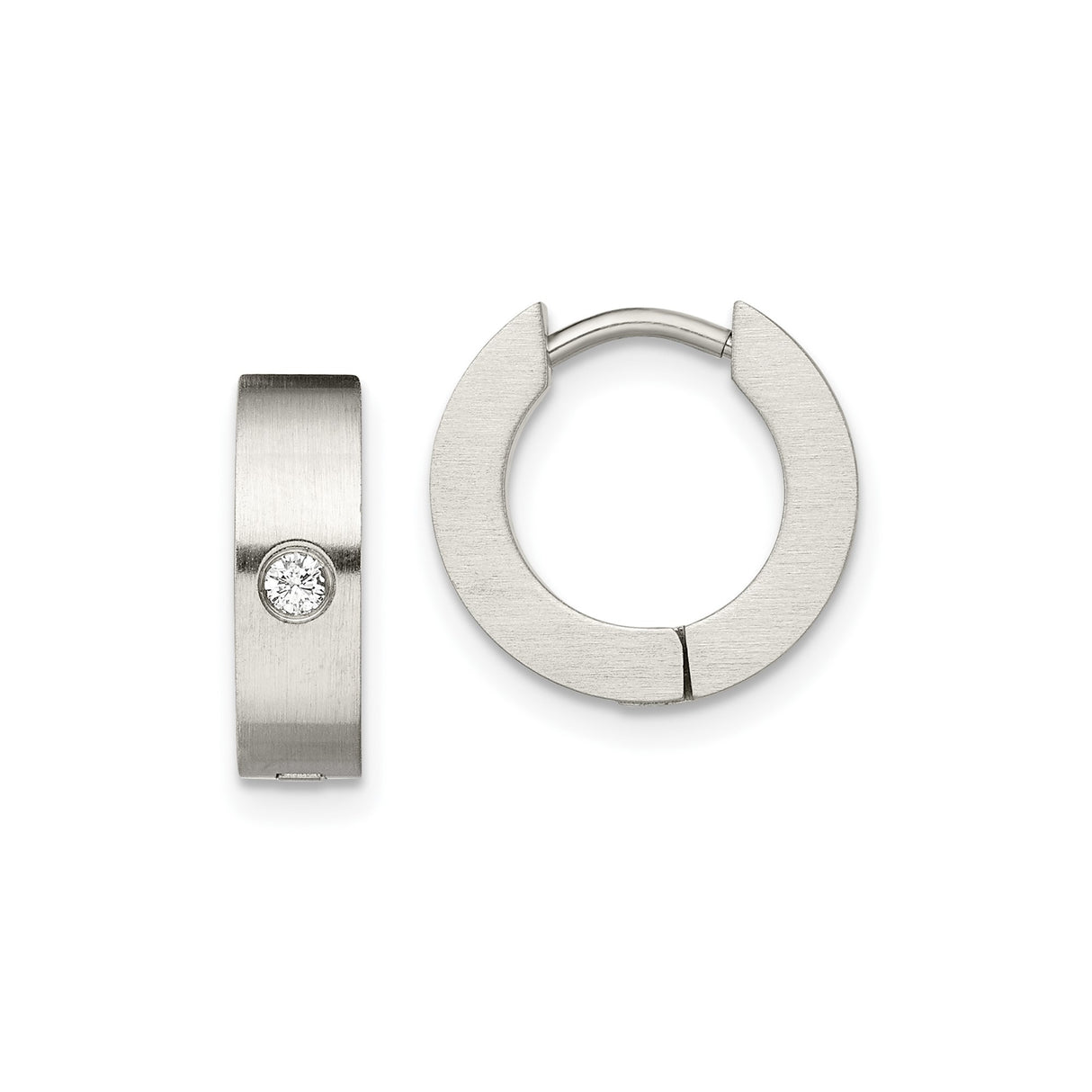 Stainless Steel Huggie Hoop Earrings with Cubic Zirconia, Brushed Finish, Minimalist Unisex Design