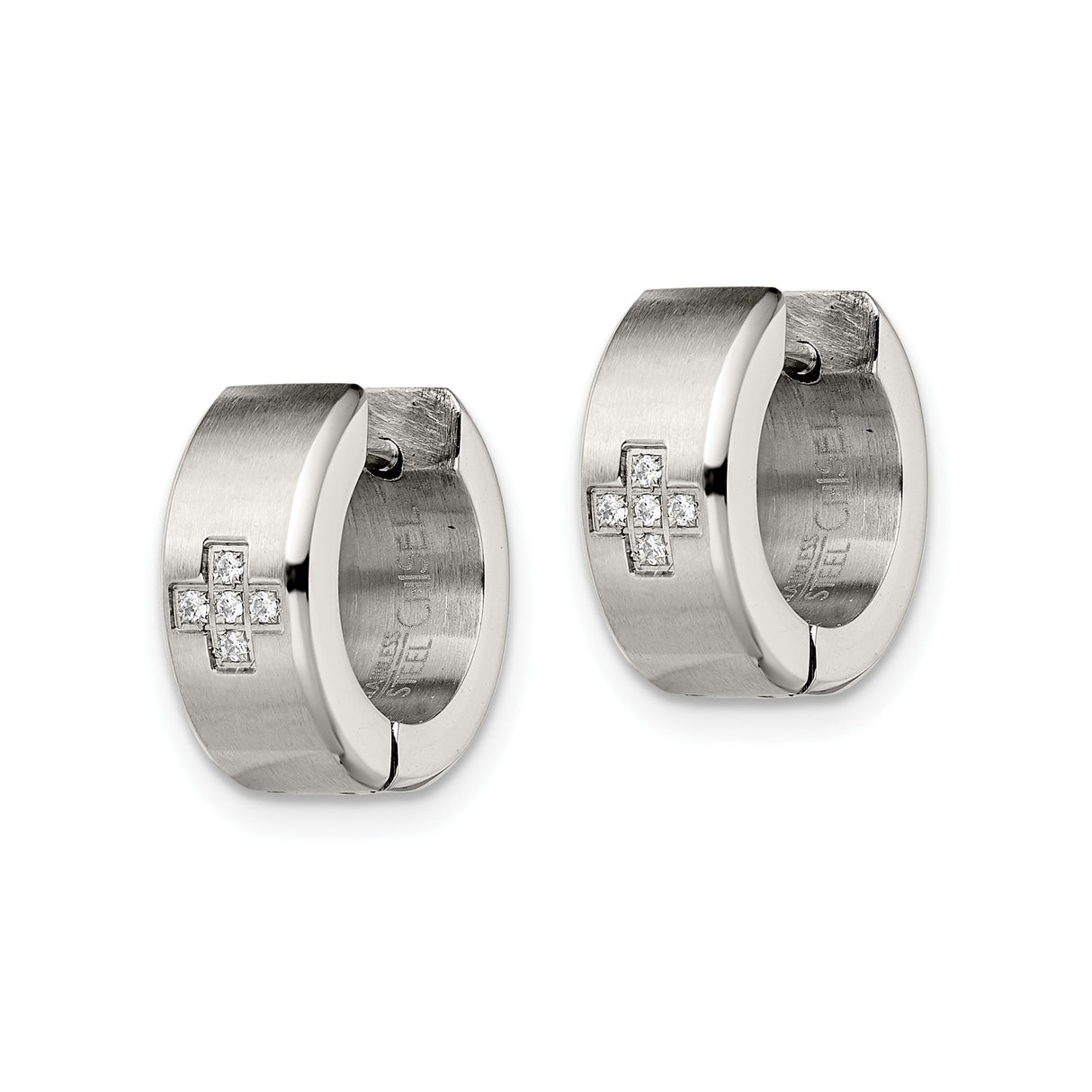 Stainless Steel Huggie Hoop Earrings with Cubic Zirconia Cross Symbol, Religious Style