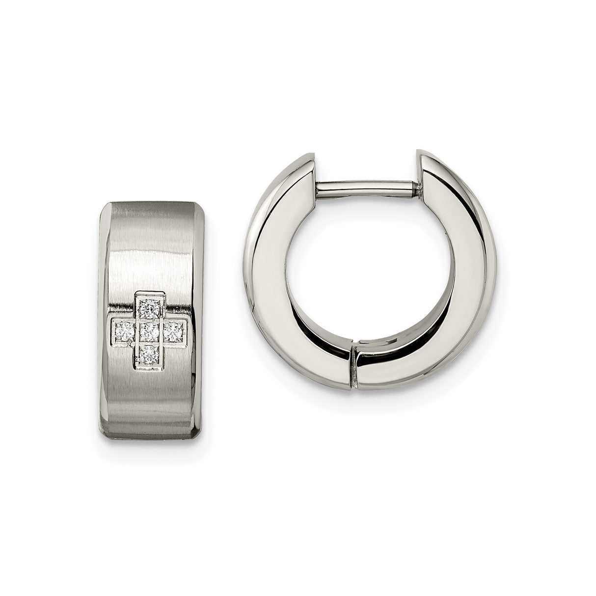 Stainless Steel Huggie Hoop Earrings with Cubic Zirconia Cross Symbol, Religious Style