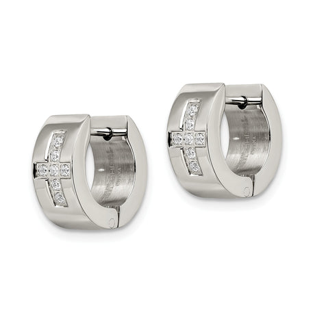 Stainless Steel Hoop Earrings with Cubic Zirconia Cross Design and Polished Finish