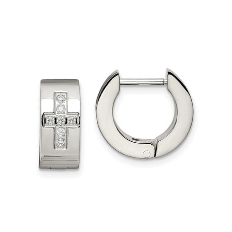 Stainless Steel Hoop Earrings with Cubic Zirconia Cross Design and Polished Finish