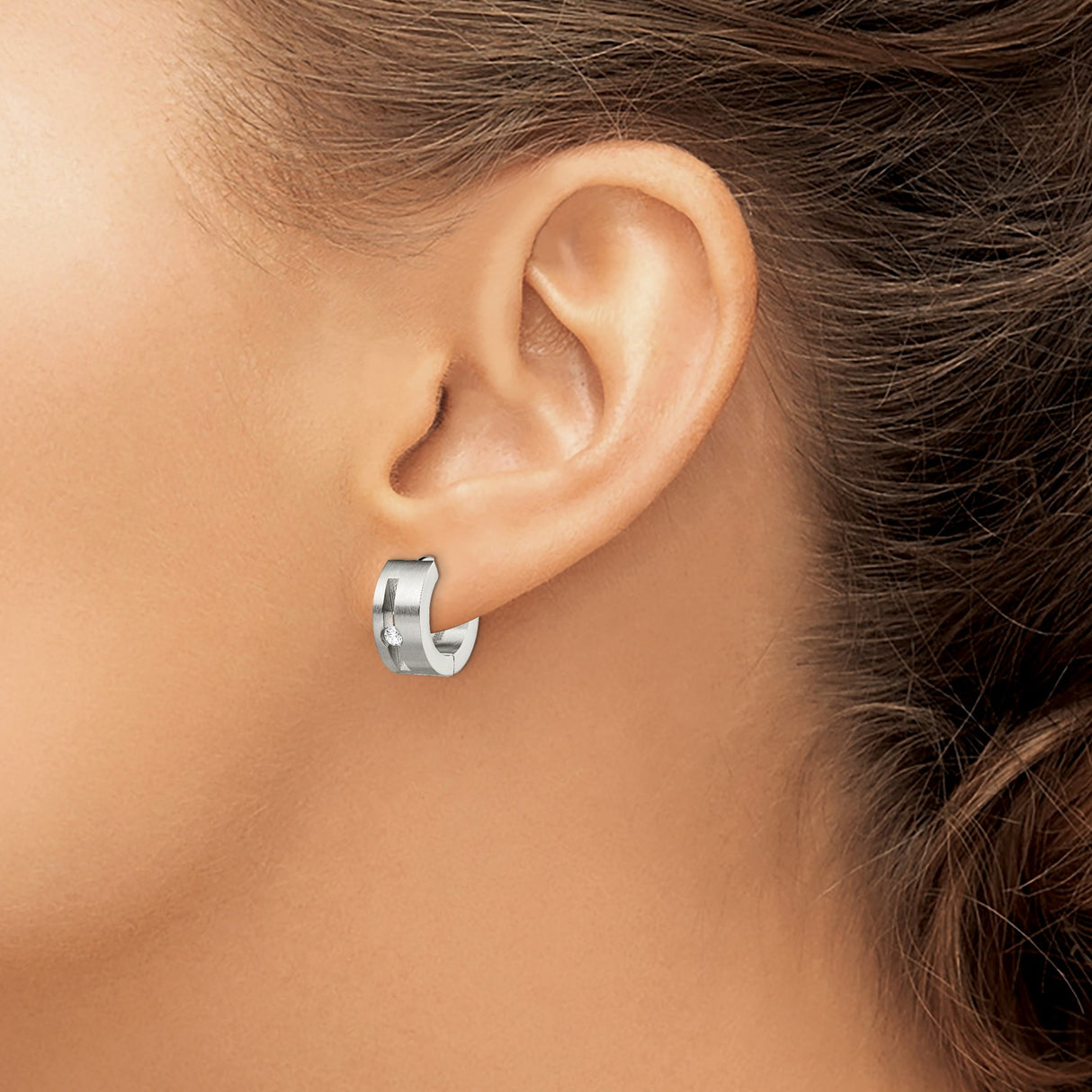 Stainless Steel Hoop Earrings with Cubic Zirconia, Brushed Finish and Vertical Bar Design for Men