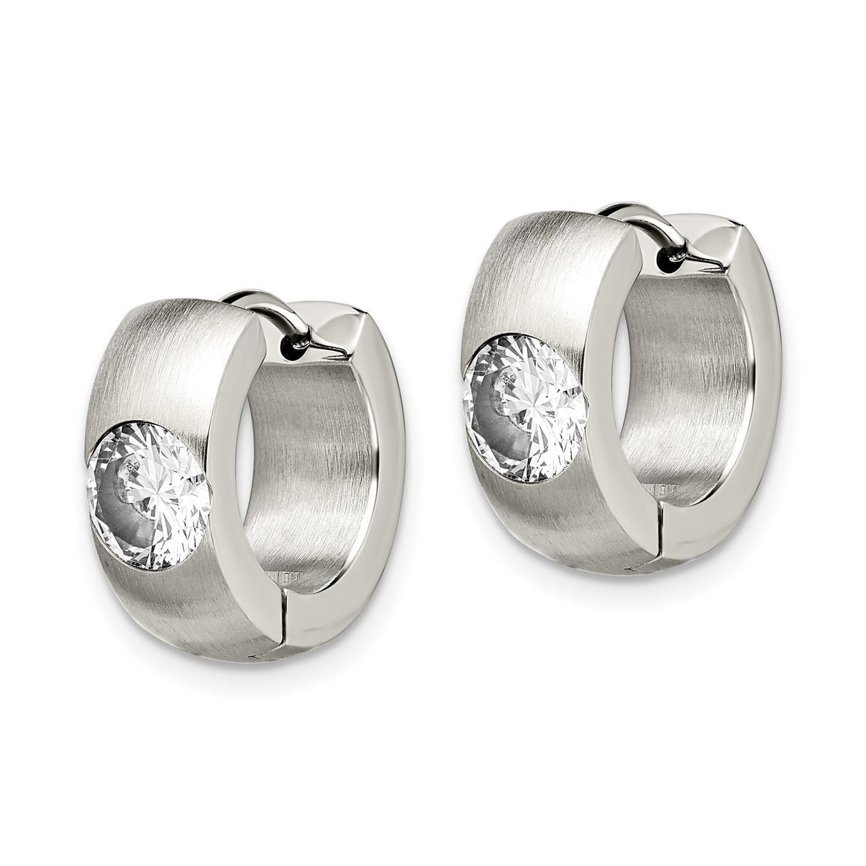 Stainless Steel Huggie Hoop Earrings with Cubic Zirconia, Brushed Polished Finish, Minimalist Design