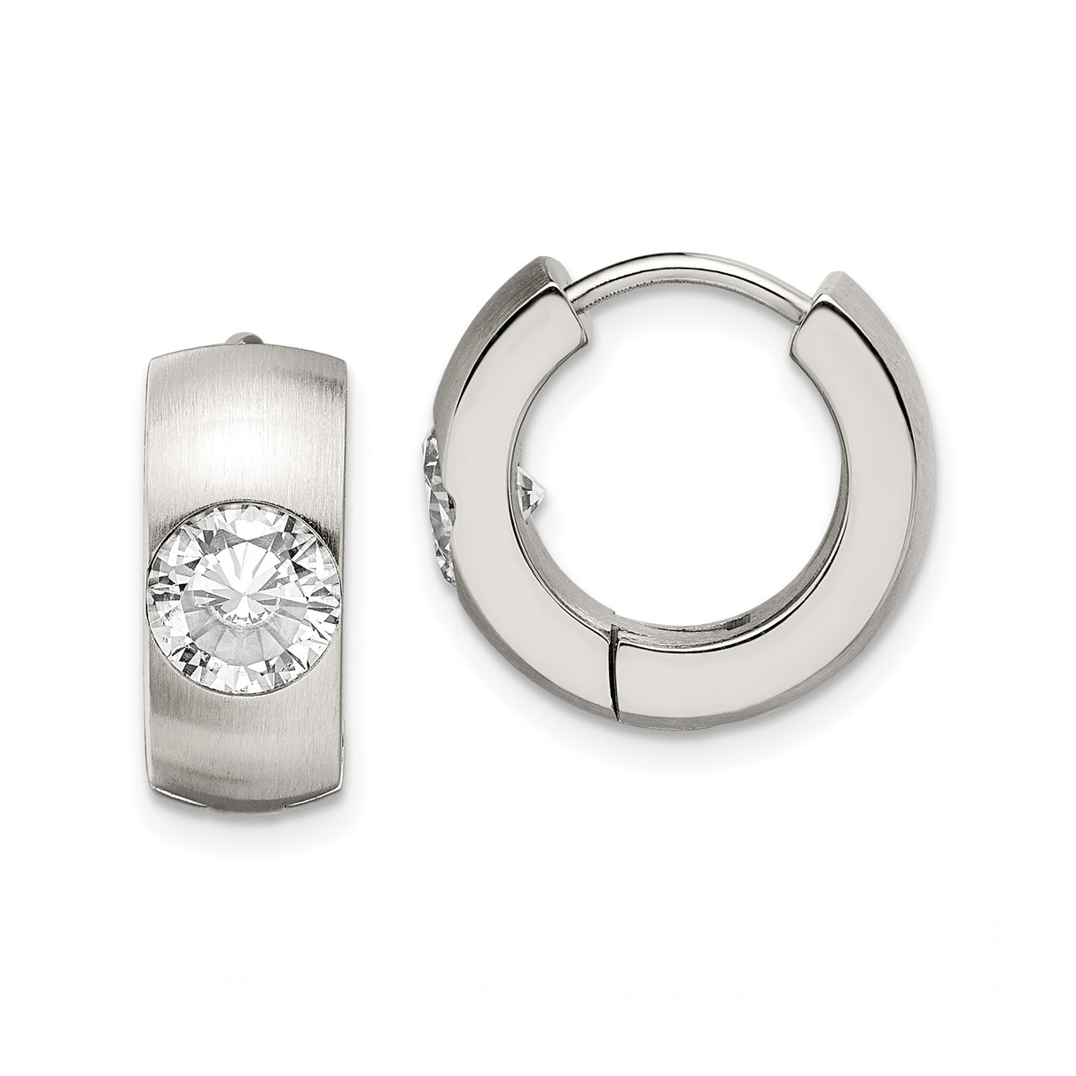 Stainless Steel Huggie Hoop Earrings with Cubic Zirconia, Brushed Polished Finish, Minimalist Design