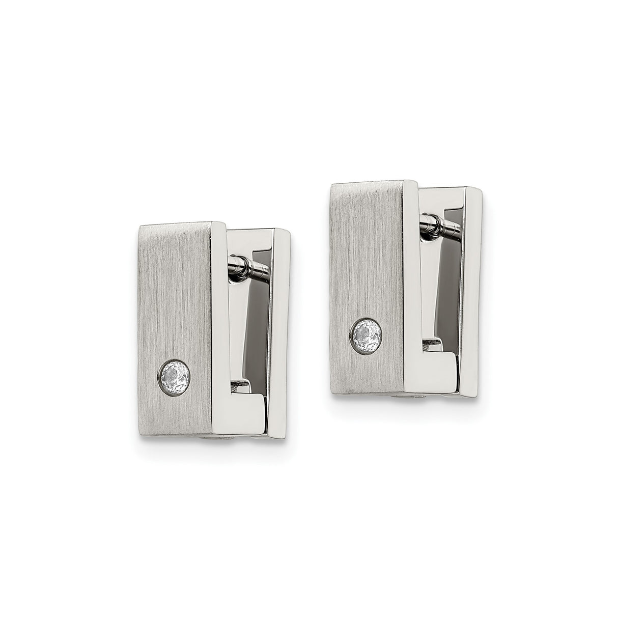 Stainless Steel Huggie Hoop Earrings with Cubic Zirconia, Rectangular Design, Modern Minimalist Style