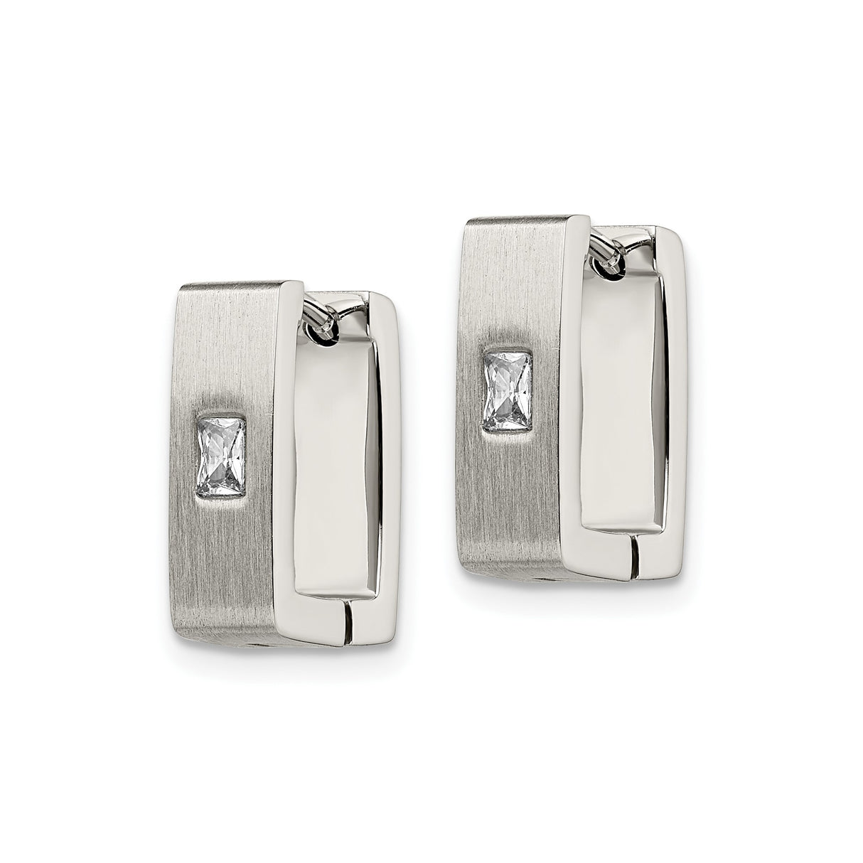 Stainless Steel Huggie Earrings with Cubic Zirconia, Rectangular Brushed Hoop Design