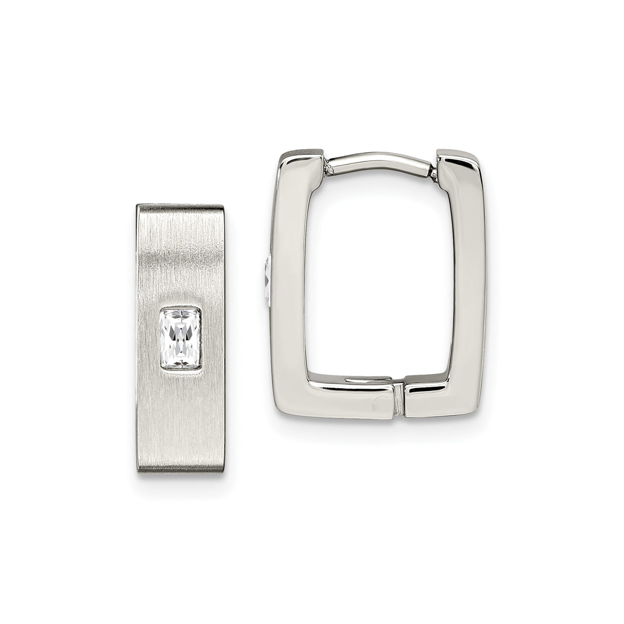 Stainless Steel Huggie Earrings with Cubic Zirconia, Rectangular Brushed Hoop Design