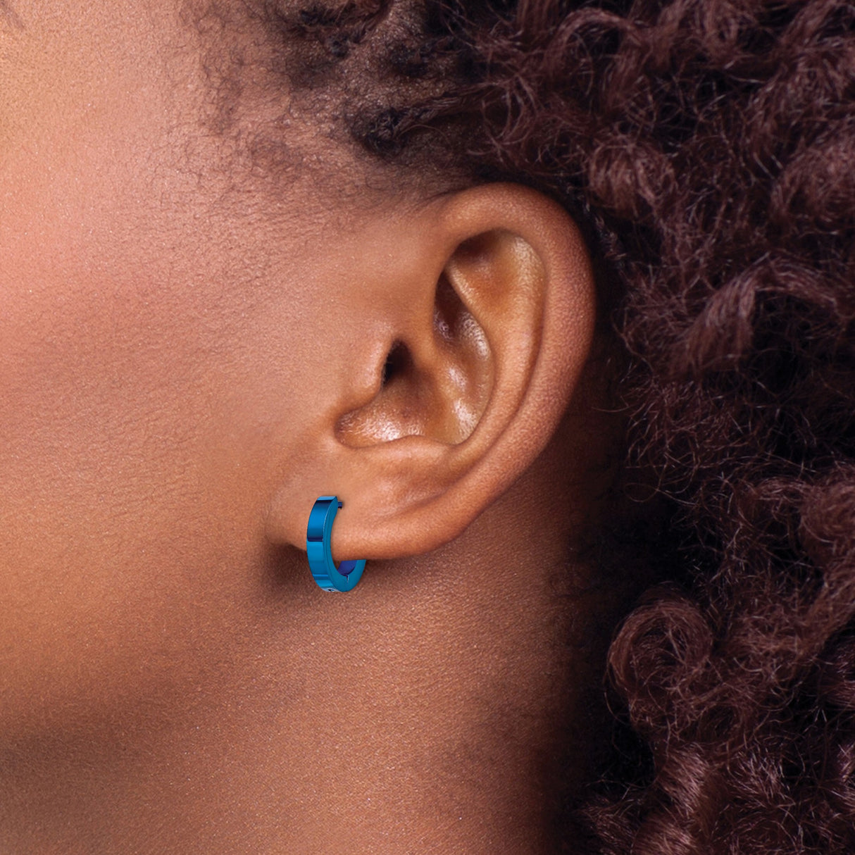 Stainless Steel Huggie Hoop Earrings, Blue Polished Finish, Hinged Minimalist Style for Men