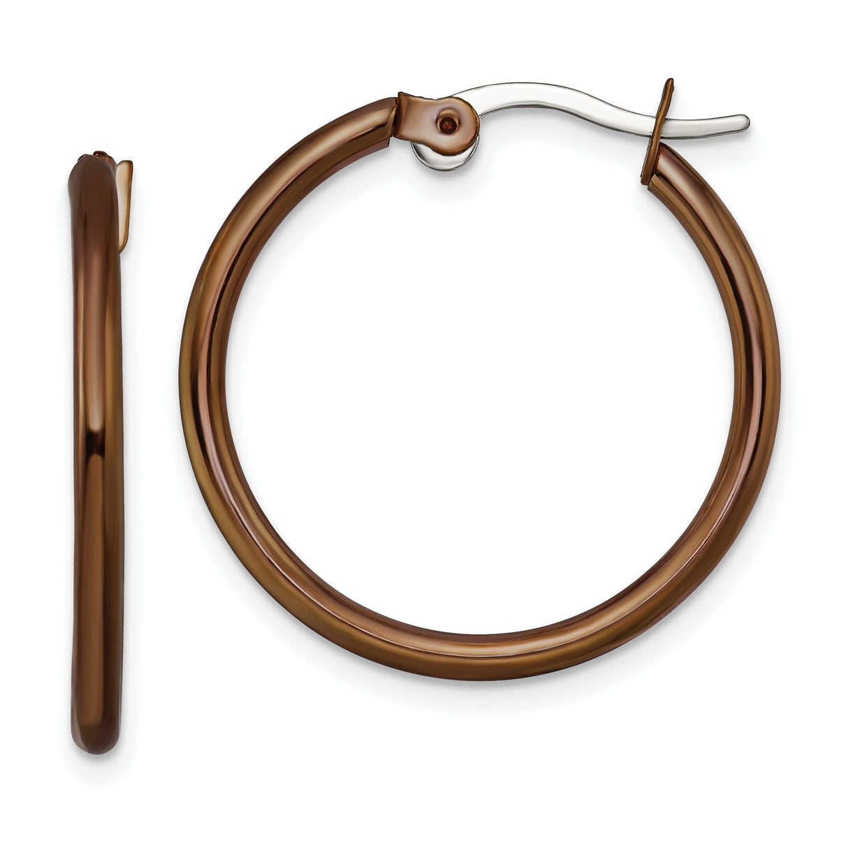 Stainless Steel Hoop Earrings, Classic Brown Polished Round Design, Unisex Minimalist Style