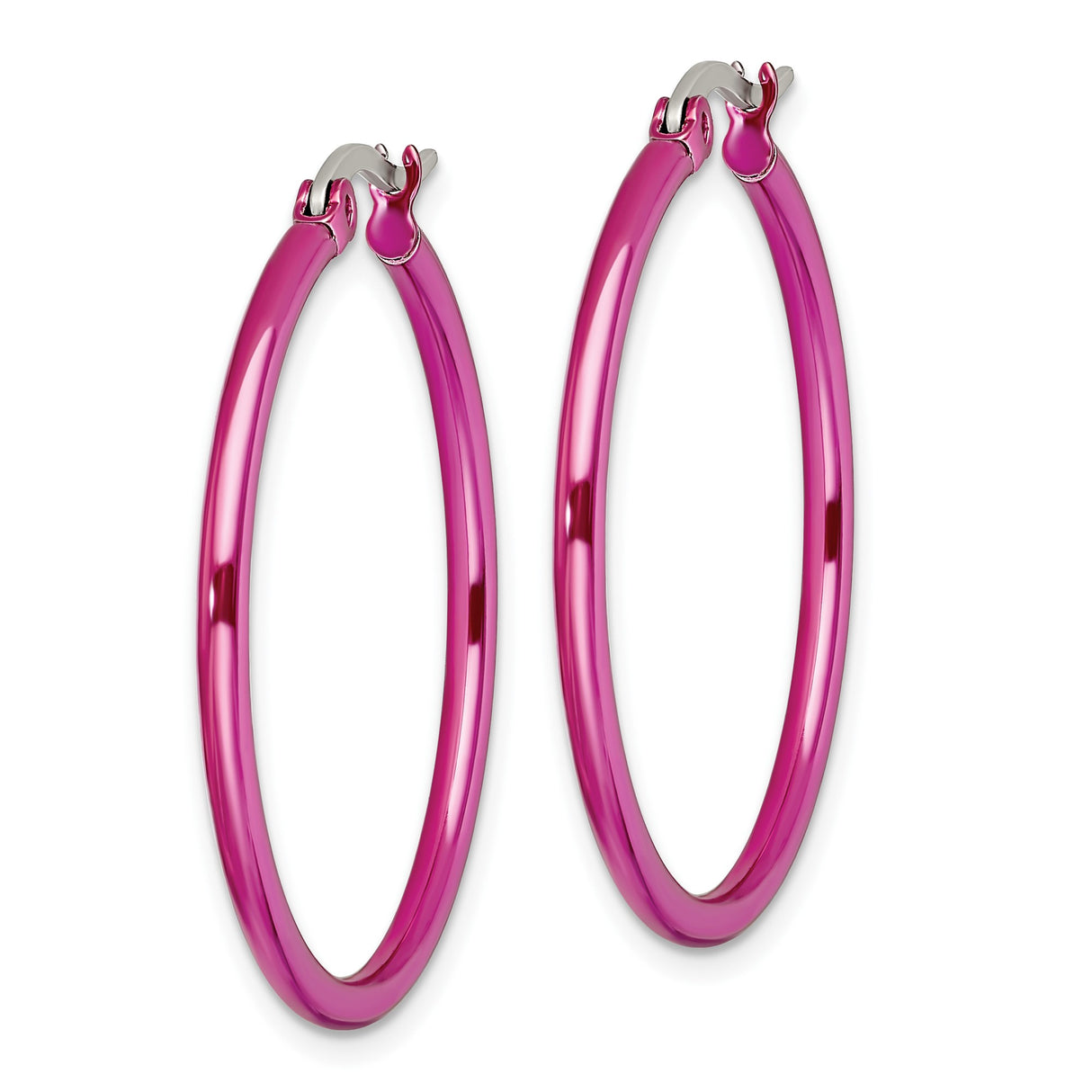Stainless Steel Hoop Earrings, Vibrant Pink Metal, Polished Finish, Lightweight Minimalist Style