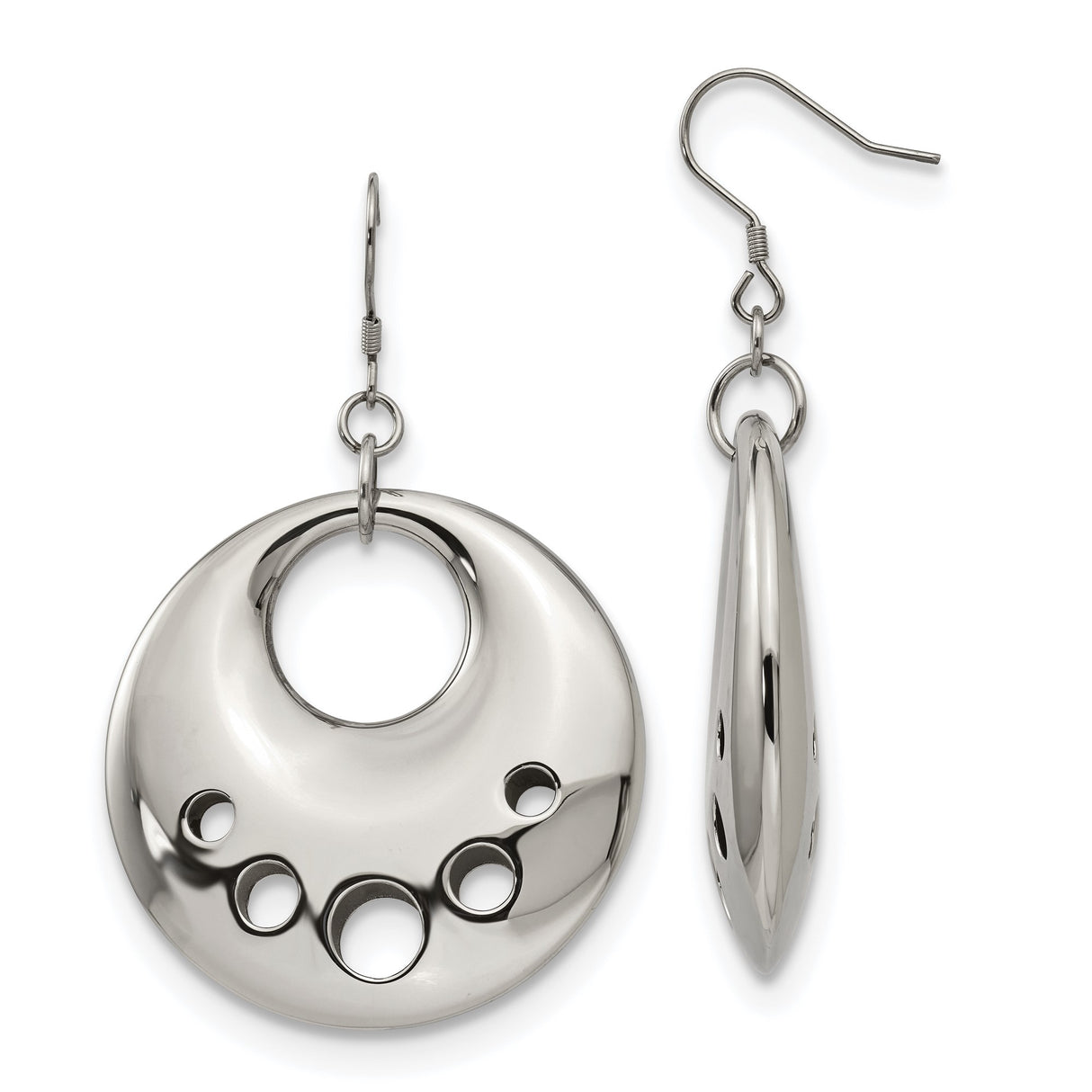 Stainless Steel Dangle Earrings with Circular Cutout Design, Polished Minimalist Style