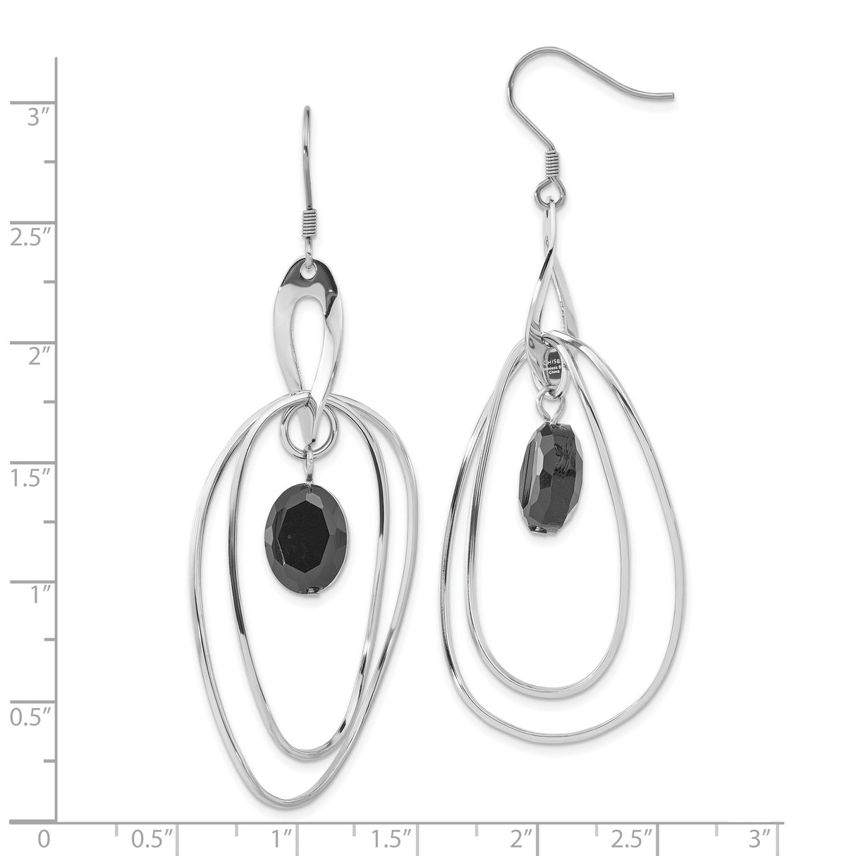 Stainless Steel Dangle Earrings with Black Glass Oval Stone and Layered Teardrop Loops